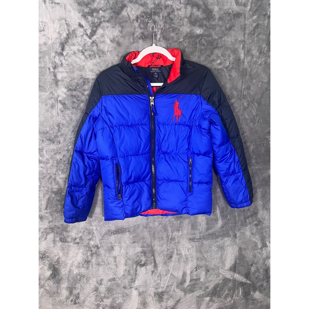 Polo Ralph Lauren Boys Blue Navy Puffer Jacket Red Big Pony Size M 10-12